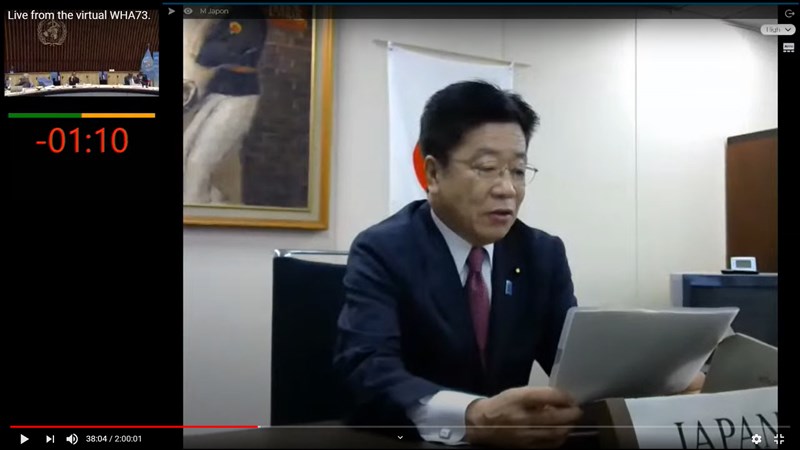 第73屆世界衛生大會(WHA)18日登場,日本代表加藤勝信(圖)也提到台灣,但可惜網路問題不斷,發言受影響。(圖取自World Health Organization (WHO) YouTube網頁youtube.com)