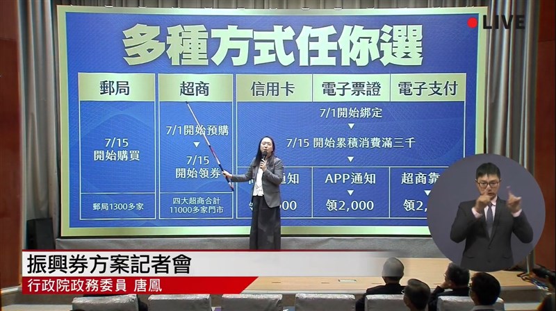 行政院長蘇貞昌2日宣布,振興券定名「振興三倍券」,讓1000元變3000元。政委唐鳳也解釋領取振興券的方式。(圖取自行政院開麥啦-2 YouTube頻道網頁youtube.com)