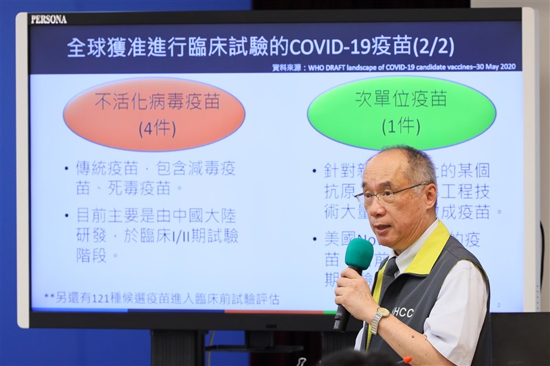 疫情指揮中心研發組組長梁賡義3日表示全球武漢肺炎疫苗約100多個單位進行研發,其中10件進入人體臨床試驗,其中核酸疫苗3件、重組病毒疫苗2件、不活化病毒疫苗4件、次單位疫苗1件。(疫情指揮中心提供)