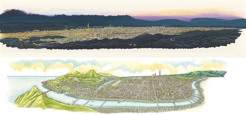 作家姚任祥與插畫家葉子明耗時7年,完成「台北上河圖」,將台北百餘年間的城市變化,收錄其中。上圖為書中收錄的「台北夜景鳥瞰圖」,下圖則參考日治時期的台北鳥瞰圖繪製而成, 姚任祥表示這是最完整能一覽台北市全景的方位。(誠品書店提供)