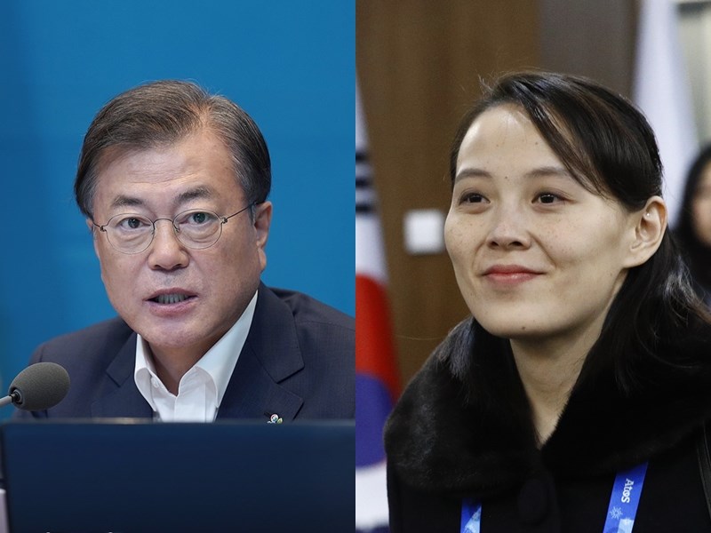 北韓勞動黨第一副部長金與正(右)痛批文在寅(左)在「615宣言」20週年談話是「厚顏無恥的狡辯」,並批評南韓過去2年間只以韓美同盟為重。(左圖取自facebook.com/TheBlueHouseKR,右圖為檔案照片/美聯社)