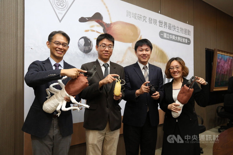 國立中興大學昆蟲系與物理系跨領域合作，以實驗證明「新渡戶歪白蟻」兵蟻的大顎彈動速度，比台灣高鐵疾駛速度更快，刷新動物運動速度紀錄，19日舉行記者會發表成果，團隊成員會中合影。（中興大學提供）中央社記者趙麗妍傳真　109年6月19日