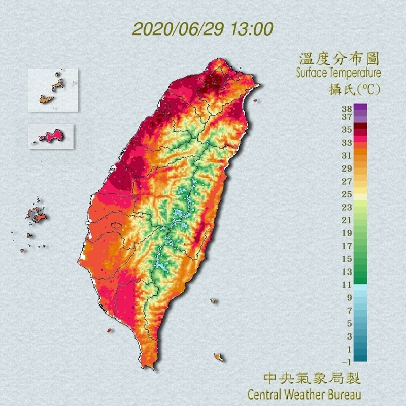 台北市29日午後高溫飆至38.9度,新北市、新竹縣、台中市、彰化縣、高雄市氣溫也都超過36度。(圖取自中央氣象局網頁cwb.gov.tw)