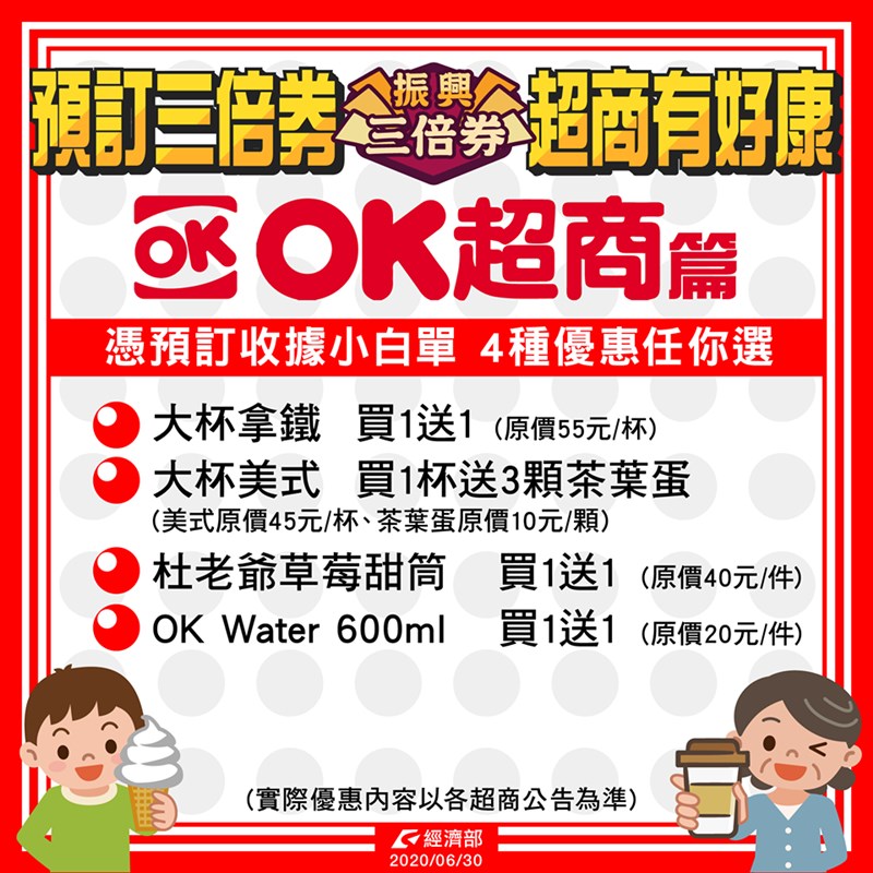 振興三倍券7月1日將開放紙本預訂及數位綁定,OKmart推出加碼優惠方案。(圖取自facebook.com/moea.gov.tw)
