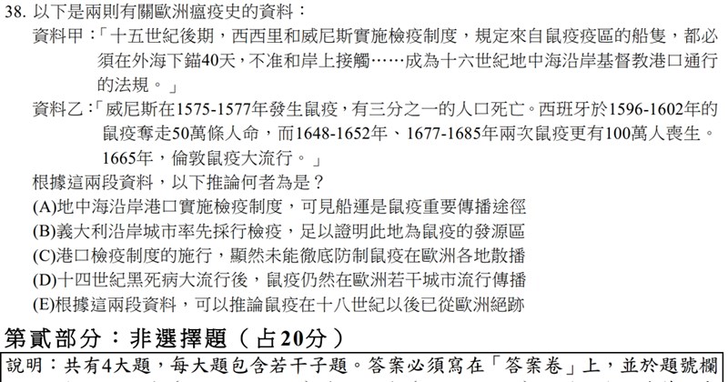 109年指考歷史科題目探討歐洲瘟疫史。(圖取自大考中心網頁ceec.edu.tw)