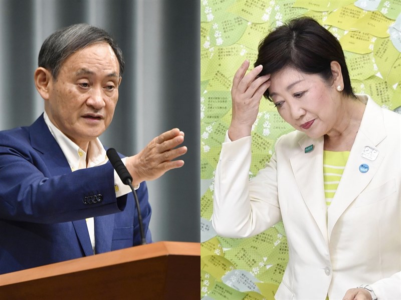 日媒報導,東京都疫情升溫,內閣官房長官菅義偉(左)11日直指這是「東京問題」,似乎表達出對東京都知事小池百合子(右)防疫作為的不滿。(檔案照片/共同社提供)