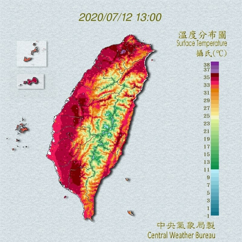氣象局觀測,12日午後南投縣氣溫上升到攝氏39度,台北市也達38度。(圖取自中央氣象局網頁cwb.gov.tw)