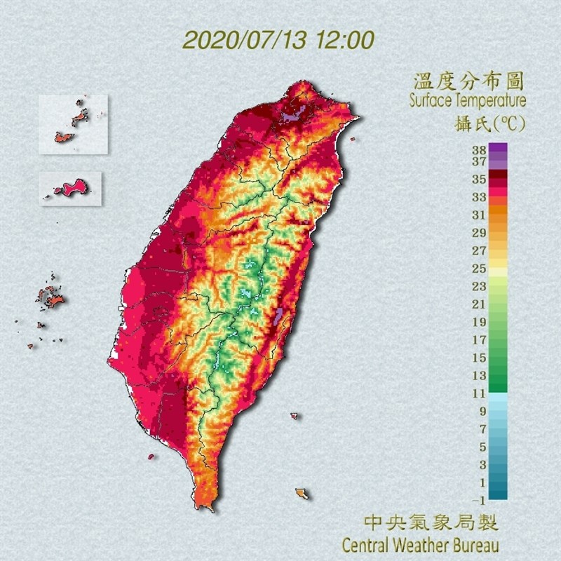 根據中央氣象局觀測,台北測站13日中午11時59分氣溫達到攝氏38.9度,創下歷年7月最高溫紀錄。(圖取自中央氣象局網頁cwb.gov.tw)