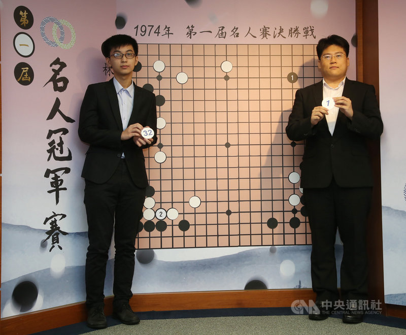 2020第一屆名人冠軍賽14日在海峰棋院舉行32強的抽籤記者會,圍棋棋士許皓鋐(左)、王元均(右)秀出抽籤結果。中央社記者鄭傑文攝 109年7月14日
