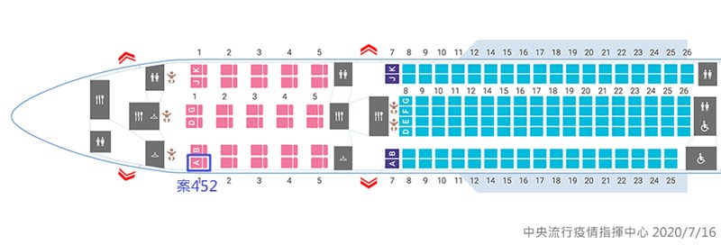 中央流行疫情指揮中心16日宣布,台灣新增1例武漢肺炎菲律賓境外移入,全台累計452例。圖為確診個案座位圖。(指揮中心提供)