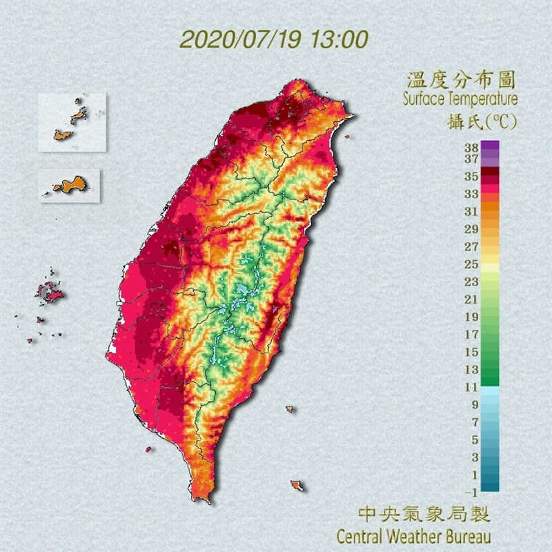 受太平洋高壓影響,19日全台晴朗炎熱,中央氣象局上午發布16縣市高溫燈號。(圖取自氣象局網頁cwb.gov.tw)