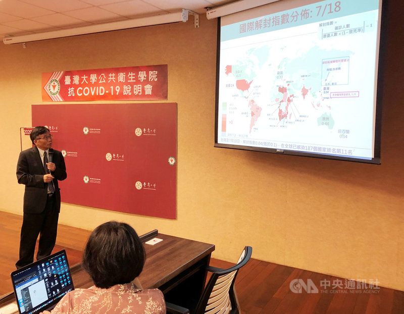 台灣大學公共衛生學院22日舉行第24週抗COVID-19說明會,副院長陳秀熙(左)表示,國際疫情仍相當嚴峻。中央社記者陳至中台北攝 109年7月22日