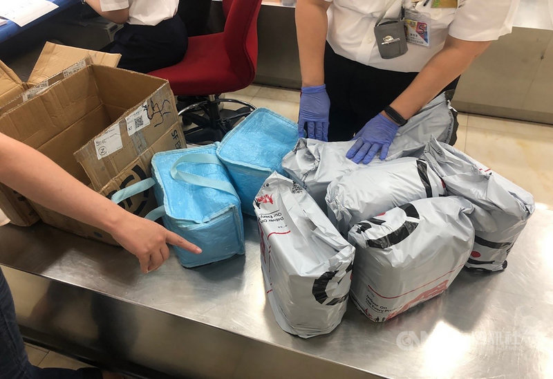 海巡署雲林機動查緝隊日前在高雄小港機場查獲孫姓和胡姓男子企圖以託運乳液及包裹酵素掩護,夾帶逾5公升非法禽流感疫苗闖關,當場查獲10桶及200小瓶已分裝完畢的非法禽流感疫苗。(海巡署雲林機動查緝隊提供) 中央社記者姜宜菁傳真 109年7月23日