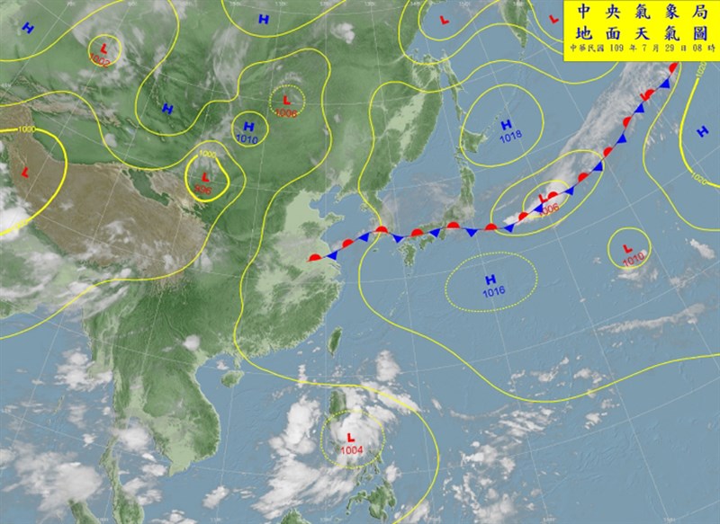 中央氣象局表示,由於太平洋高壓勢力較強,導致7月成為歷史上首個沒有颱風的7月機率大增。圖為29日上午8時的天氣圖。(圖取自中央氣象局網頁cwb.gov.tw)
