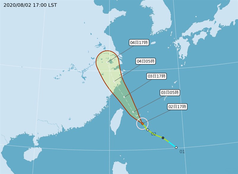 颱風哈格比逼近,速度也加快從每小時17公里轉20公里,向西北轉北北西進行,氣象局預估3日雨勢最為明顯。(圖取自氣象局網頁cwb.gov.tw)
