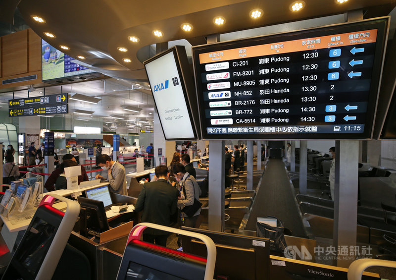 全日空航空(ANA)5月9日起因應武漢肺炎疫情停飛松山羽田航線,為顧及日籍旅客來台進行商務差旅以及在台日人返鄉需求,3日起每週一及每週五使用波音787-8客機復飛,上午旅客前往台北松山機場辦理登機報到。中央社記者裴禛攝 109年8月3日