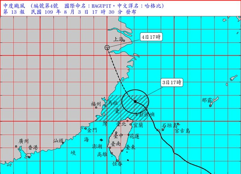 中央氣象局表示,颱風哈格比暴風圈3日已進入東北部海面及北部海面,對台灣構成威脅,預估強度將增強且暴風圈略微擴大。(圖取自氣象局網頁cwb.gov.tw)