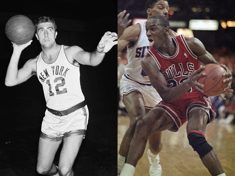 運動界充滿了各種迷信儀式,如30年前NBA球褲較緊繃,直到麥克.喬丹(右)穿了大一號的制服,如今大家都穿這樣的球褲。左圖為1951年的文斯.博里拉(Vince Boryla),右前為1987年的喬丹。(美聯社)