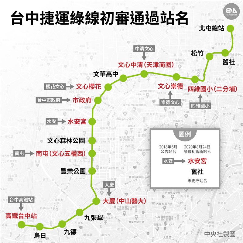 台中捷運綠線年底通車,台中市議會交通地政委員會24日審議通過18站站名。(中央社製圖)