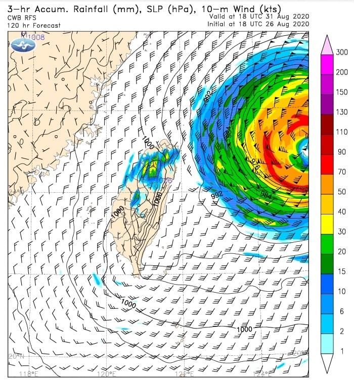 中央氣象局長鄭明典27日上午在臉書PO出模式預測圖顯示,台灣東方海面下週有颱風接近。他也表示,行政院大力支持氣象局預算,裡面大電腦更新就是要做這種預報圖的進階版。(圖取自facebook.com/mdc.cwb)