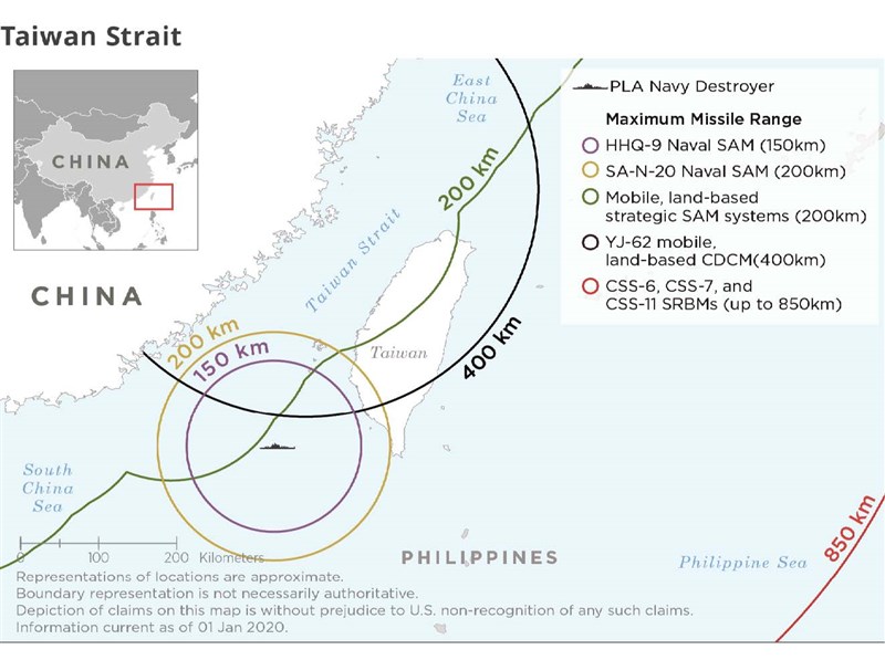 美國國防部2020年中國軍力報告內容指出,台海軍力失衡,差距持續擴大,美方基於台灣關係法與六項保證,持續對台軍售,確保台灣自我防衛能力。圖為報告列舉共軍地對空與軍艦飛彈的射程範圍。(圖取自美國國防部網頁media.defense.gov)