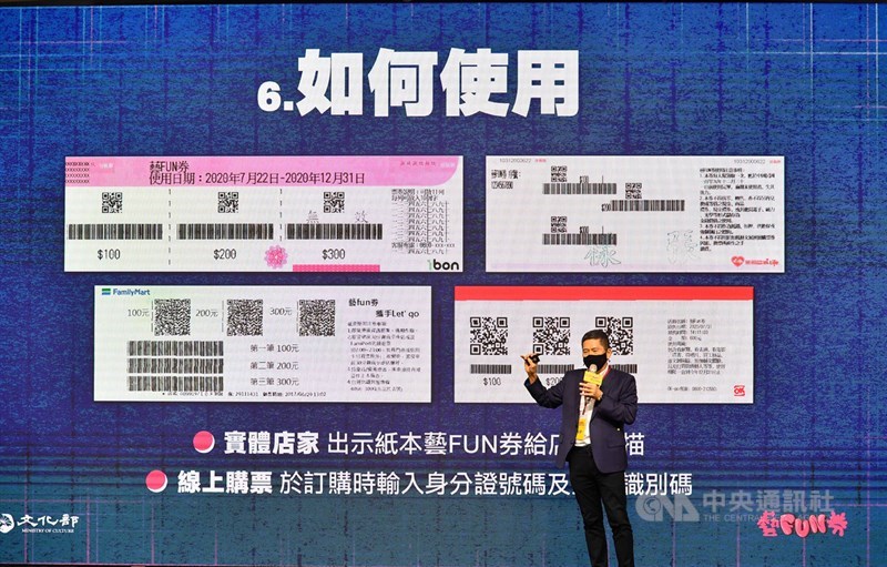 文化部「紙本藝FUN券」開放符合資格的民眾註冊登記,文化部統計,註冊登記人數破250萬人。圖為文化部長李永得介紹如何使用「紙本藝FUN券」。中央社記者王飛華攝 109年8月24日