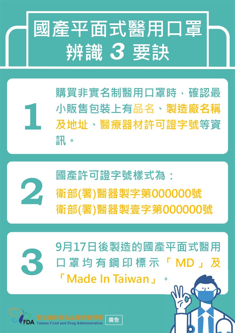 中央流行疫情指揮中心11日宣布,為恢復口罩市場秩序,醫用、非醫用進口都要許可,方便追蹤溯源,且醫用口罩最小包裝者必須標示醫用和產地。(圖取自facebook.com/tfda2014.tw)