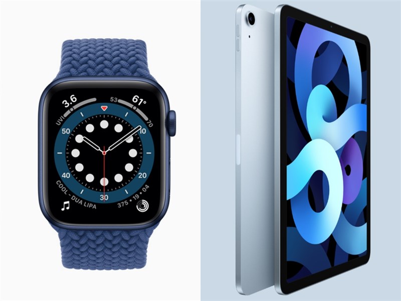 蘋果公司15日在年度新產品發表會公布為Apple Watch series 6(左)、iPad Air(右)等新產品。(圖取自蘋果網頁apple.com)