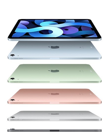 蘋果公司發表新款iPad Air外觀更平整,是首款搭載A14仿生晶片的蘋果產品,並將電源鍵整合Touch ID,讓螢幕尺寸得以放大。(圖取自蘋果公司網頁apple.com/tw)