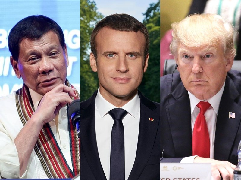 第75屆聯合國大會進行至今,包括菲律賓總統杜特蒂(左)、法國總統馬克宏(中)、美國總統川普(右)等國家元首,都藉大會演說對中國提出批評或挑戰。(左圖取自facebook.com/rodyduterte;中圖取自facebook.com/EmmanuelMacron;右圖為中央社檔案照片)