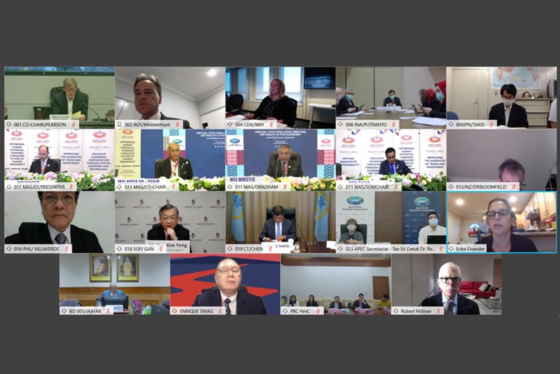 APEC衛生經濟會議今年受武漢肺炎疫情影響,首度線上舉行,台灣由衛福部長陳時中(第3排中)率防疫相關部會與會。(圖取自APEC網頁apec.org)
