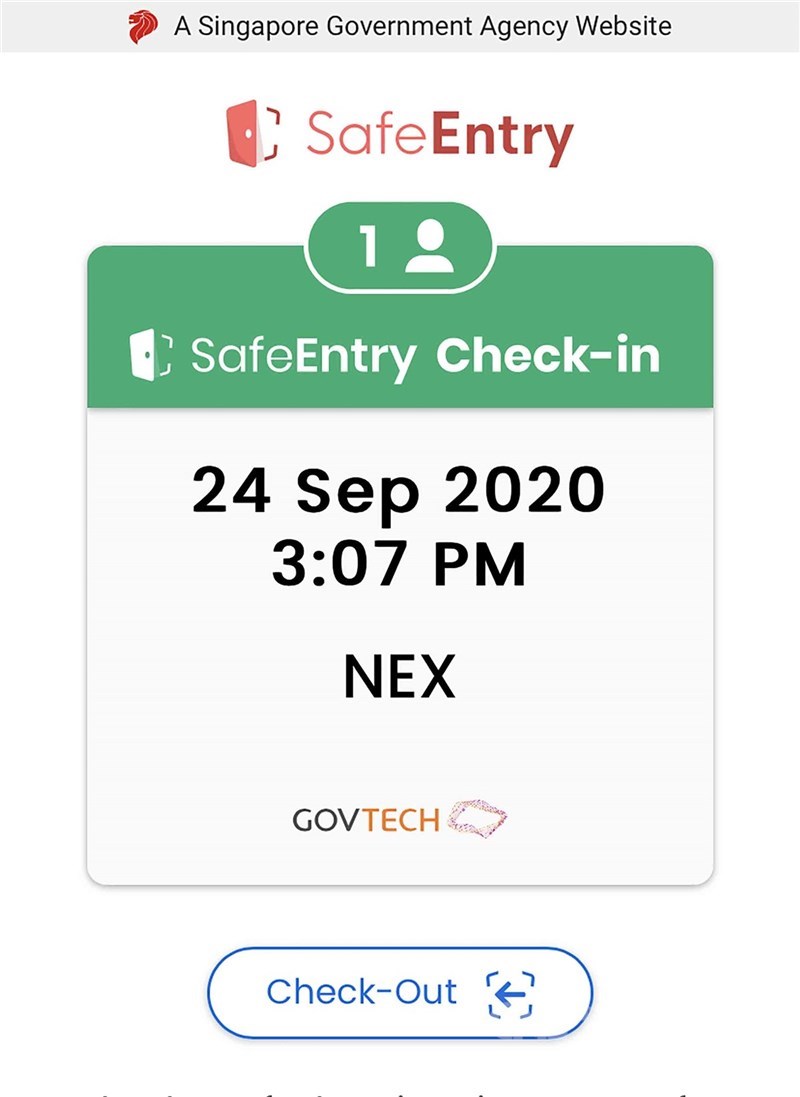 新加坡善用科技防疫,推出SafeEntry訪客登記系統,強化接觸者追蹤。(圖為翻攝自手機)中央社記者侯姿瑩新加坡攝 109年9月27日