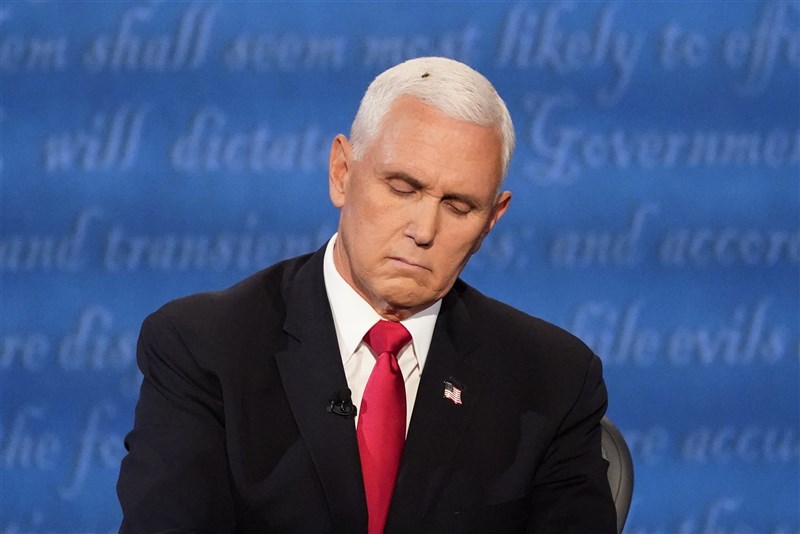 2020年美國總統大選唯一一場副總統候選人辯論7日晚間舉行,副總統彭斯(圖)與民主黨副總統候選人賀錦麗忙著交手,卻有一隻蒼蠅停在彭斯的白髮上長達2分鐘。(美聯社)