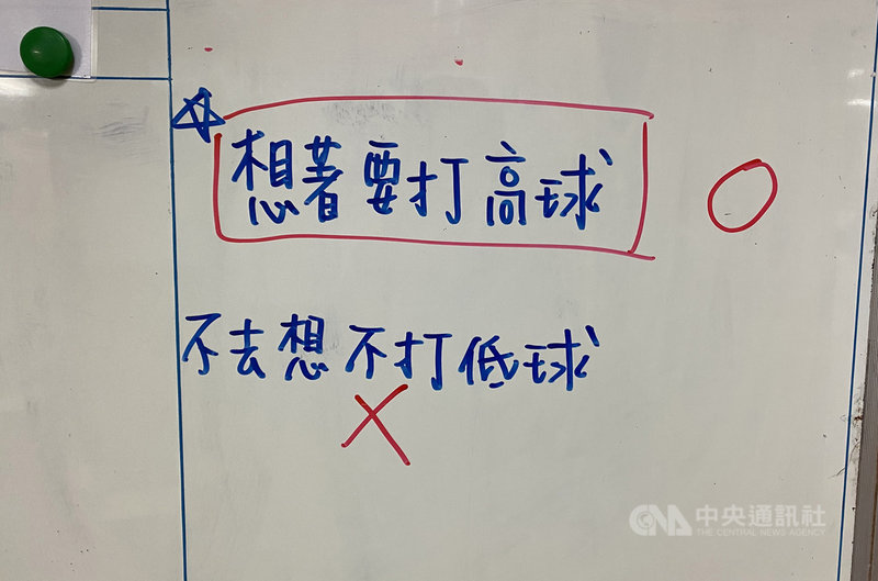 中華職棒樂天桃猿隊9日賽前在休息室外白板上，寫著「想著要打高球」、「不去想不打低球」，總教練曾豪駒說明，這是打擊教練蔡建偉的策略，「過往我們揮到很多羅力的引誘球，所以設定上打高一點，剛好有掌握到那2局機會。」中央社記者楊啟芳攝　109年10月9日