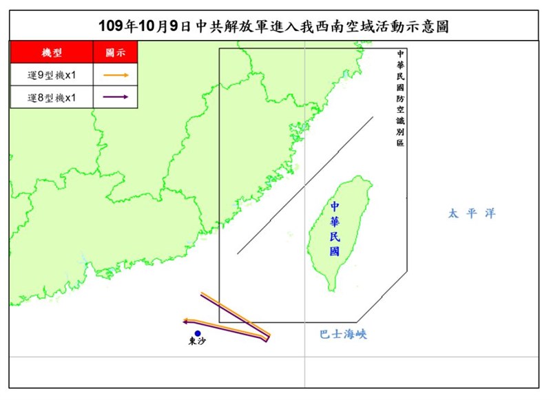 空軍司令部表示,共軍1架運8機、1架運9機10月9日侵犯台灣西南防空識別區,並接近東沙島。根據國防部公開資訊,這是共軍自9月16日以來第15度擾台。(圖取自國防部網頁mnd.gov.tw)
