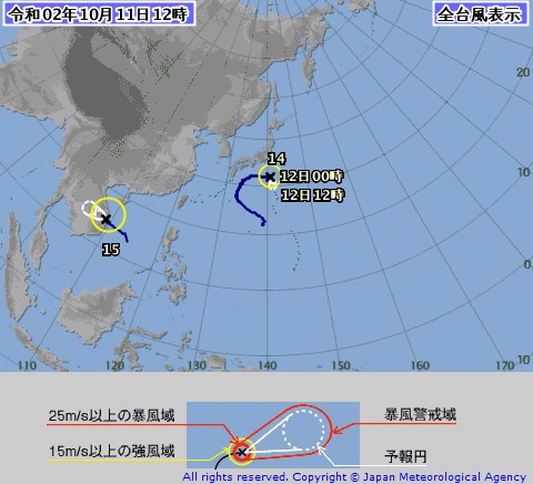 今年第14號颱風昌鴻原本被預測10日會沿著日本本州島影響到東京等大城市,但路徑幾經轉向後,幾乎快成一個倒U字型。(圖取自日本氣象廳網頁jma.go.jp)