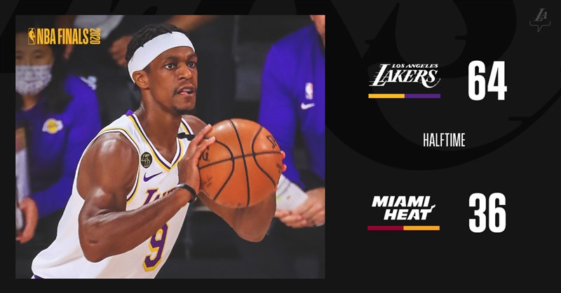 NBA湖人11日防守奏效,進攻上4人得分破十,且一度領先30分的情況下,上半場64比36領先熱火。(圖取自twitter.com/Lakers)