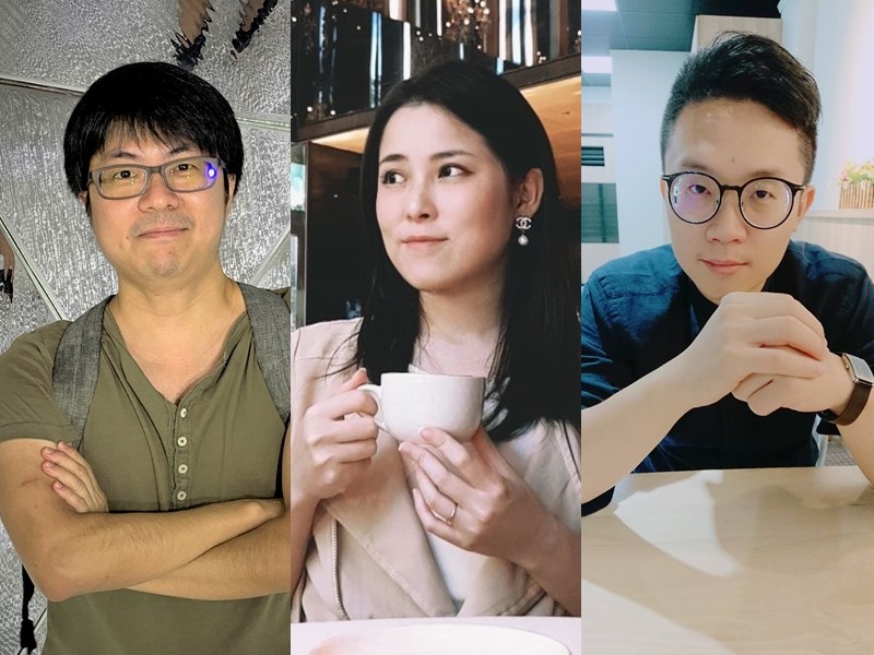新書《口罩:人間誌異》的5位新生代類型小說作家,其中包括在網路創作多年的作家。左起為星子、芙蘿、不帶劍。(奇幻基地提供)