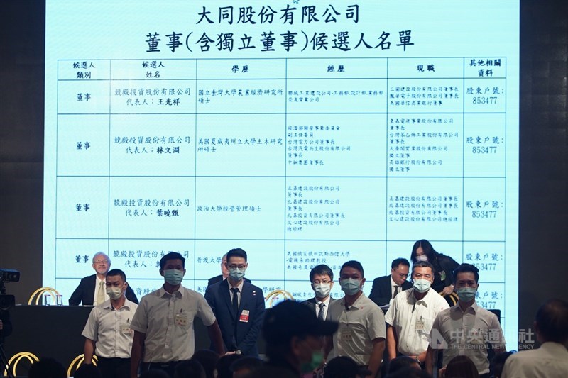 大同公司21日由市場派召集股東臨時會,全面改選9席董事,台前投影董事候選人資訊。中央社記者徐肇昌攝 109年10月21日