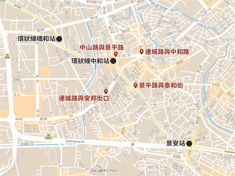 新北市中和區連城路與景平路交叉路口22日上午發生瓦斯外洩意外,警消封閉4個路段(紅標處)。(圖取自Google地圖google.com/maps)
