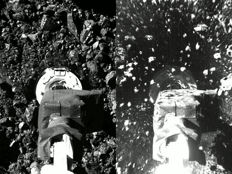 美國國家航空暨太空總署(NASA)的無人探測器「歐塞瑞斯號」20日短暫觸及小行星貝努(Bennu)遍布圓石的表面,以精確操作方式蒐集石塊和塵埃樣本。(圖取自twitter.com/OSIRISREx)