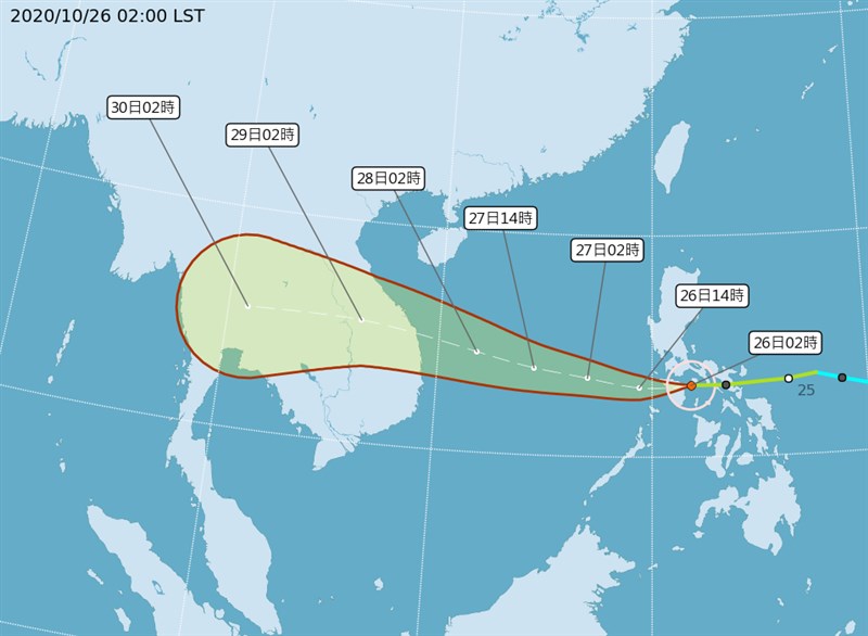 中央氣象局26日凌晨2時路徑潛勢預測圖顯示,第18號颱風莫拉菲在菲律賓中部,即將進入南海。(圖取自中央氣象局網頁cwb.gov.tw)