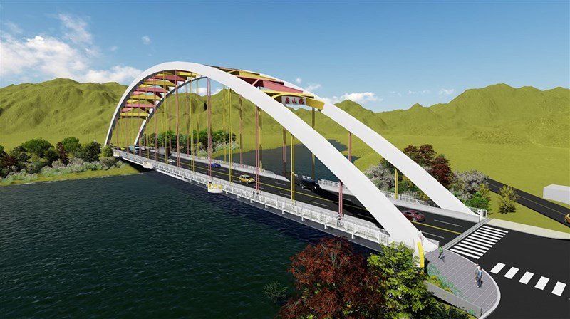 嘉義盧山橋改建工程27日正式開工動土,新建盧山橋橋梁長度205公尺,寬度21.4公尺,採用單跨、雙拱形的鋼拱橋,雙拱最高有34公尺,河道內不落墩,不會阻礙牛稠溪水流,未來將成為全台第2長的鋼拱橋。(嘉義市政府提供)中央社記者蔡智明傳真 109年10月27日