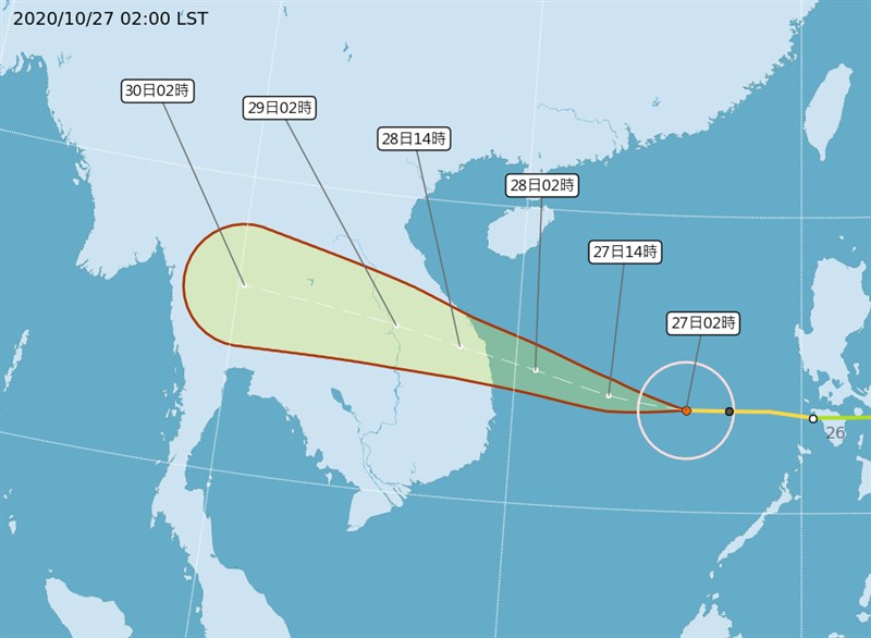 中央氣象局27日凌晨2時路徑潛勢預測圖顯示,第18號颱風莫拉菲在南海,偏西往越南前進,對台無影響。(圖取自中央氣象局網頁cwb.gov.tw)
