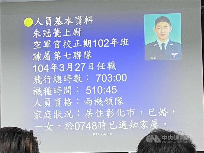 F-5E戰機飛行員朱冠甍上尉29日上午在台東執行任務,起飛不到2分鐘不明原因墜落志航基地北面海域,傷重送醫不治。(中央社)