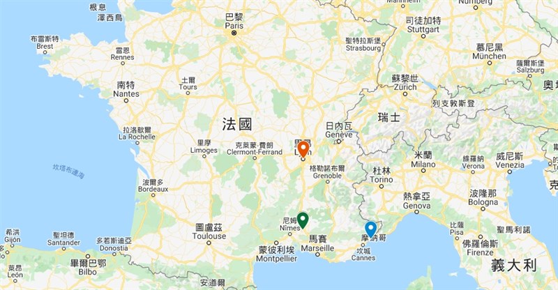 法國29日接連發生攻擊事件,尼斯天主教堂內(藍標處)早上發生恐怖攻擊,亞維儂(綠標處)、里昂(橘標處)也傳出攻擊者持武器在街上揮舞威脅的事件。(圖取自Google地圖網頁google.com.tw/maps)
