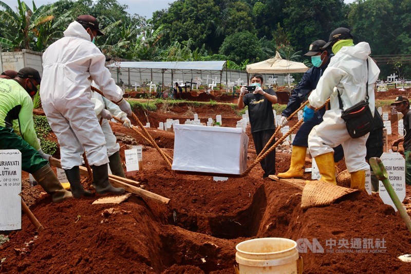 印尼2019冠狀病毒疾病疫情嚴峻,死亡人數遠高於東南亞各國,掘墓工人工作量大增。圖為掘墓工人15日協助將棺木落葬。中央社記者石秀娟雅加達攝 109年10月19日