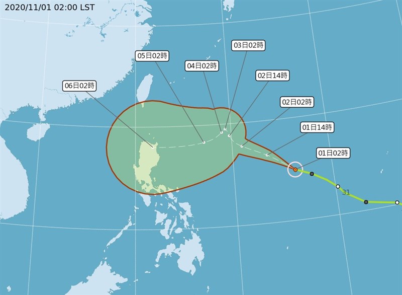 氣象局觀測,颱風閃電1日清晨2時位置,在鵝鑾鼻東南東方約1810公里海面上,持續朝西北西方向移動,未來路徑及強度不確定性仍大。(圖取自中央氣象局網頁cwb.gov.tw)