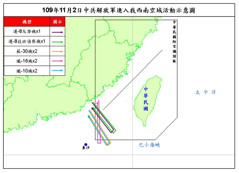 空軍2日發布共機動態,共8架次的機種侵犯台灣西南防空識別區(ADIZ)。(圖取自國防部網頁mnd.gov.tw)