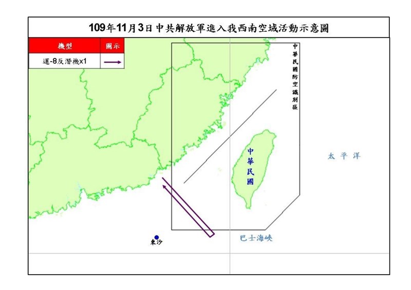 空軍3日發布共機動態,1架運8反潛機上午侵犯台灣西南防空識別區(ADIZ)。(圖取自國防部網頁mnd.gov.tw)
